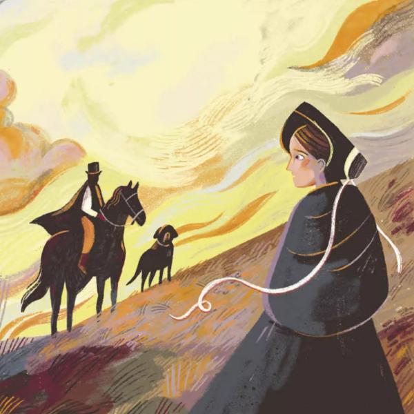 An illustration of Jane Eyre, a man on a horse and a black dog 