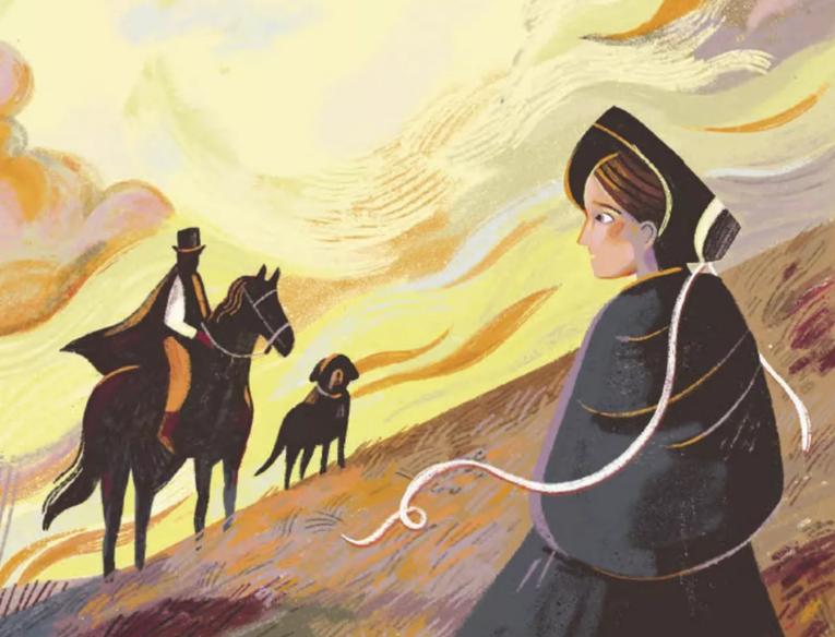 An illustration of Jane Eyre, a man on a horse and a black dog 
