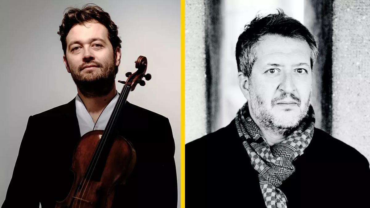 A composite image of Lawrence Power, holding a violin and Thomas Adès wearing a patterned scarf