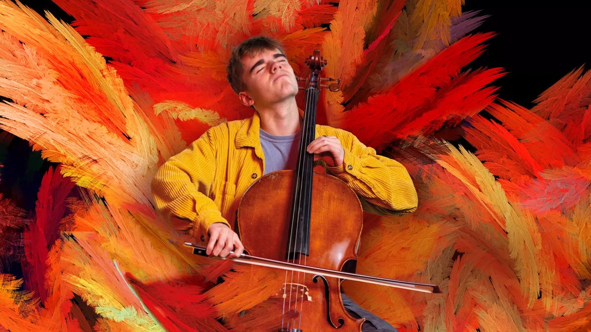 Teenage boy playing cello with intense emotion, surrounded by phoenix-like colours 