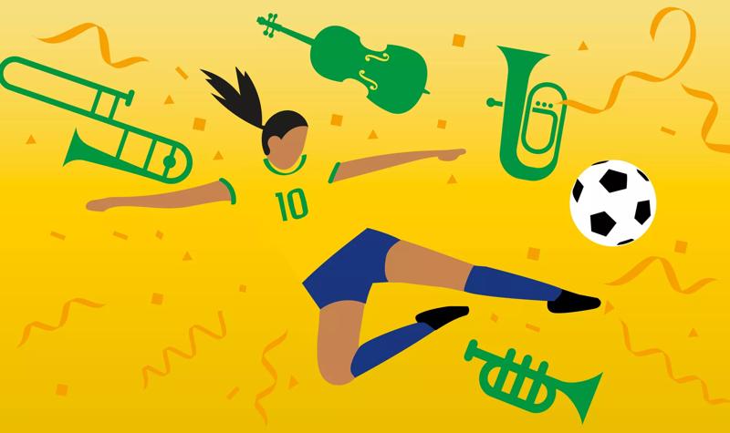 illustration of a female footballer wearing yellow and green kicking a football. She is surrounded by green cartoon classical instruments.  