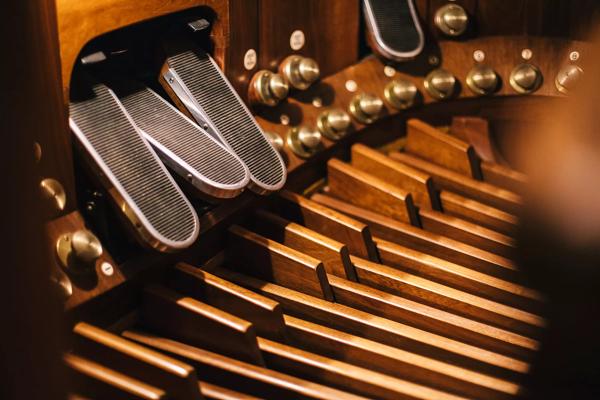 A close up of the wooden foot pedals of the Royal Festival Hall organ