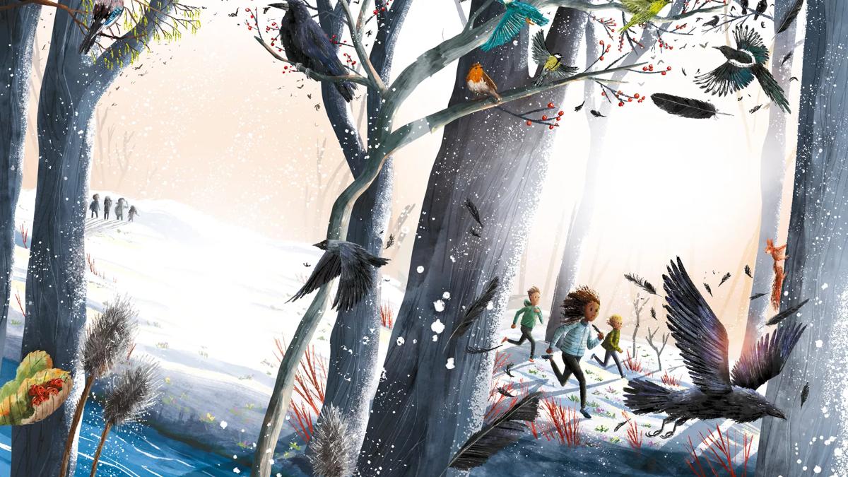 Illustration of children running through a forest and birds flying above.  This is set against a winter backdrop