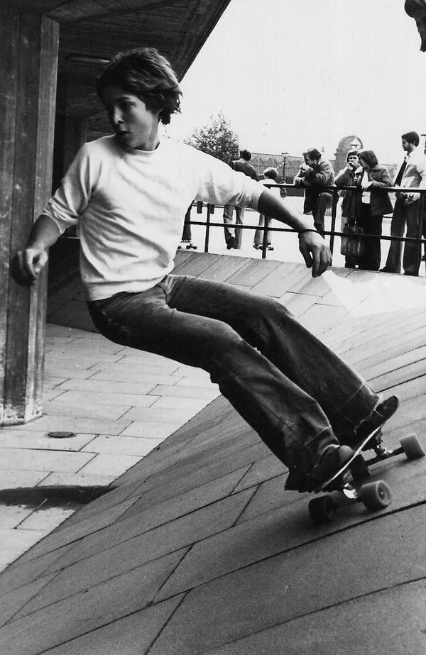 A vintage image of a skateboarder in action at the Undercroft at the Southbank Centre