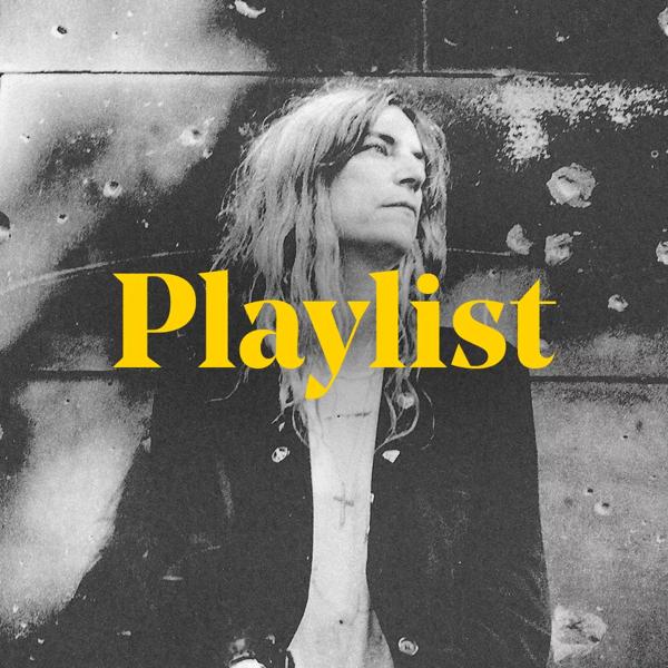 Graphic for Playlist of artists from Patti Smith's Meltdown festival, featuring Patti Smith and the word playlist