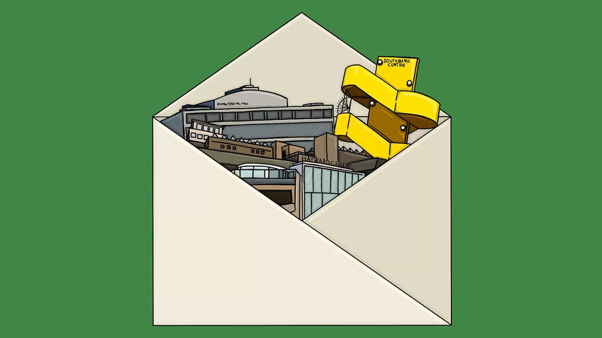 A drawing of an open envelope with a green background. In the envelope are Southbank Centre iconic buildings 