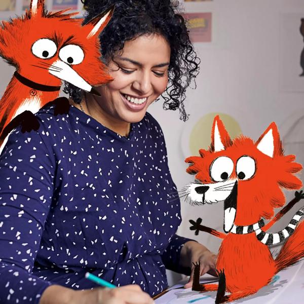 Nadia Shireen surrounded by fox illustrations