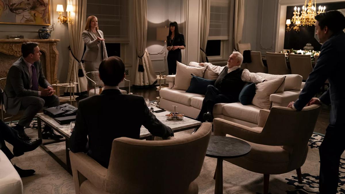 Matthew Macfayden, Sarah Snook, Brian Cox, Kieran Culkin - the actors in Succession are in a lavish office in the middle of a discussion. 