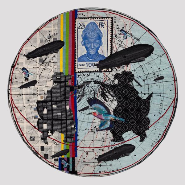 An intricate circular artwork featuring a collage of a world map, a large blue postage stamp with an African face, dirigibles, birds, colorful stripes, and abstract shapes