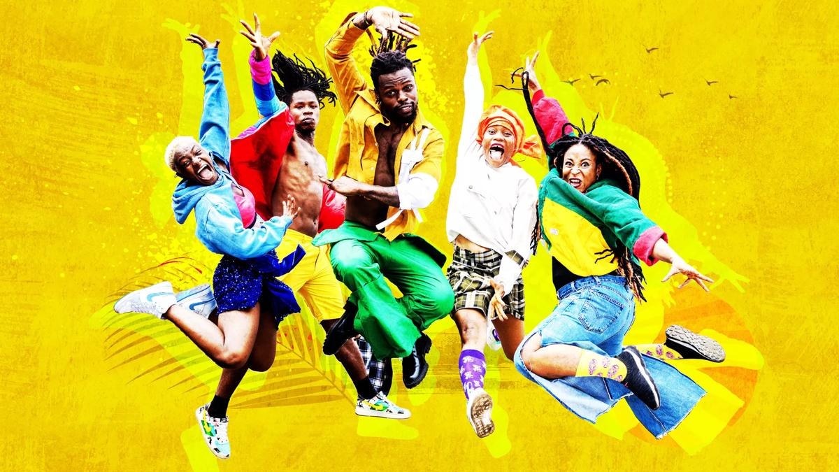 Group of five performers wearing colourful outfits jumping into the air on a yellow background