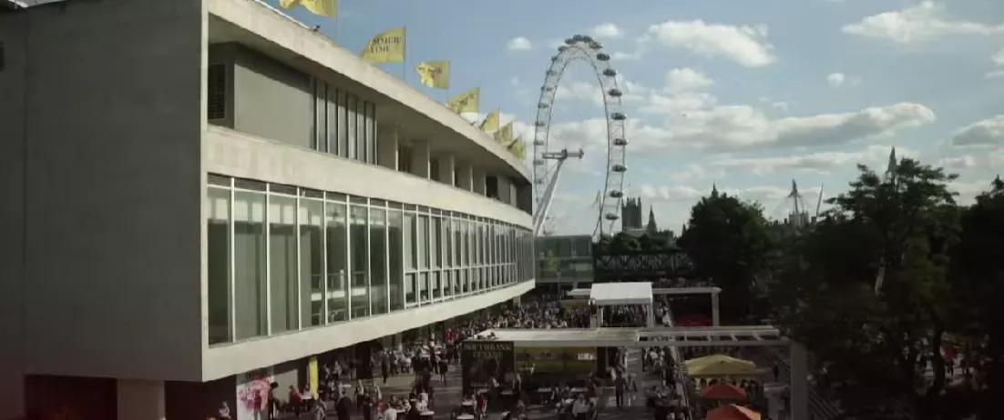 A panoramic view of the Royal Festival Hall, the London Eye and the Riverside Terrace