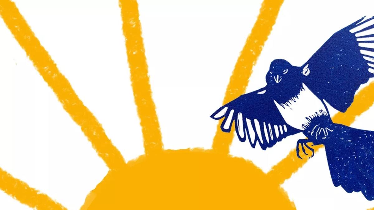 An illustration of a yellow sun, with a blue bird flying in front of it