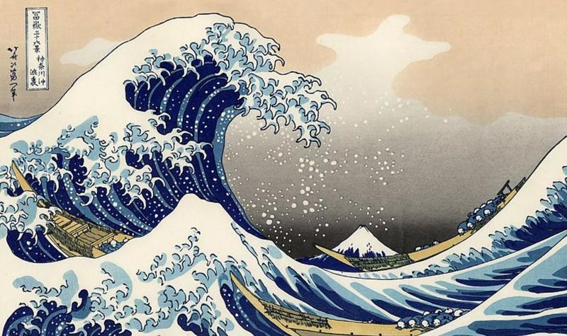 The Great Wave off Kanagawa wood print with text in Japanese in the top left corner