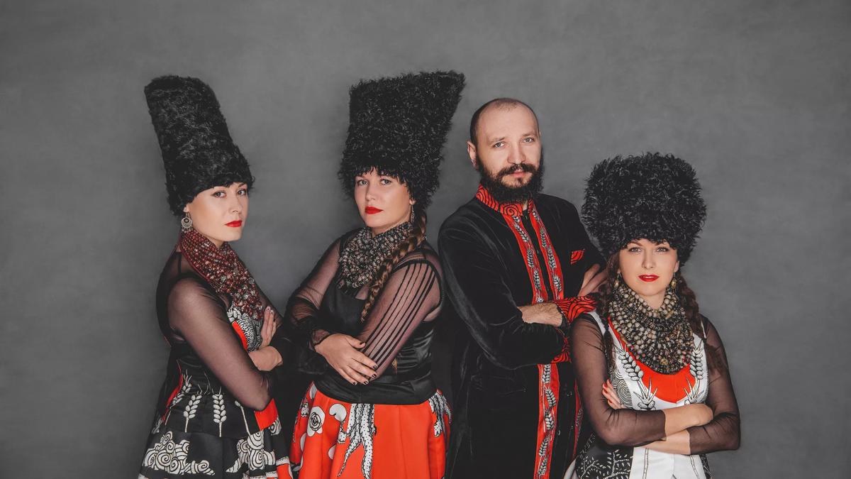 DakhaBrakha quartet  in traditionally Ukrainian inspired costumes   