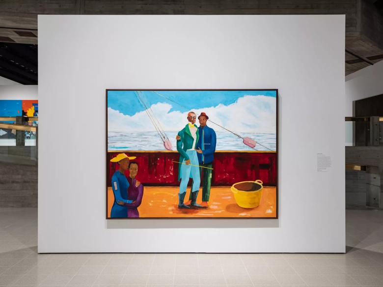 Installation view of Mixing It Up: Painting Today at Hayward Gallery, 2021 featuring the work The Captain and The Mate by Lubaina Himid
