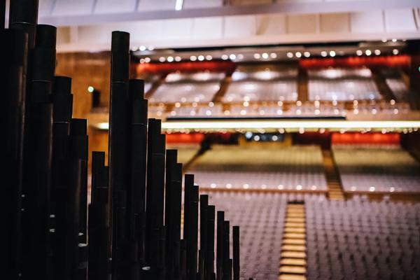 A close up of some of the pipes of the Royal Festival Hall organ, looking from behind the instrument. Betond the pipes some of the circle and lower stall seats of the Royal Festival Hall auditorium can be seen