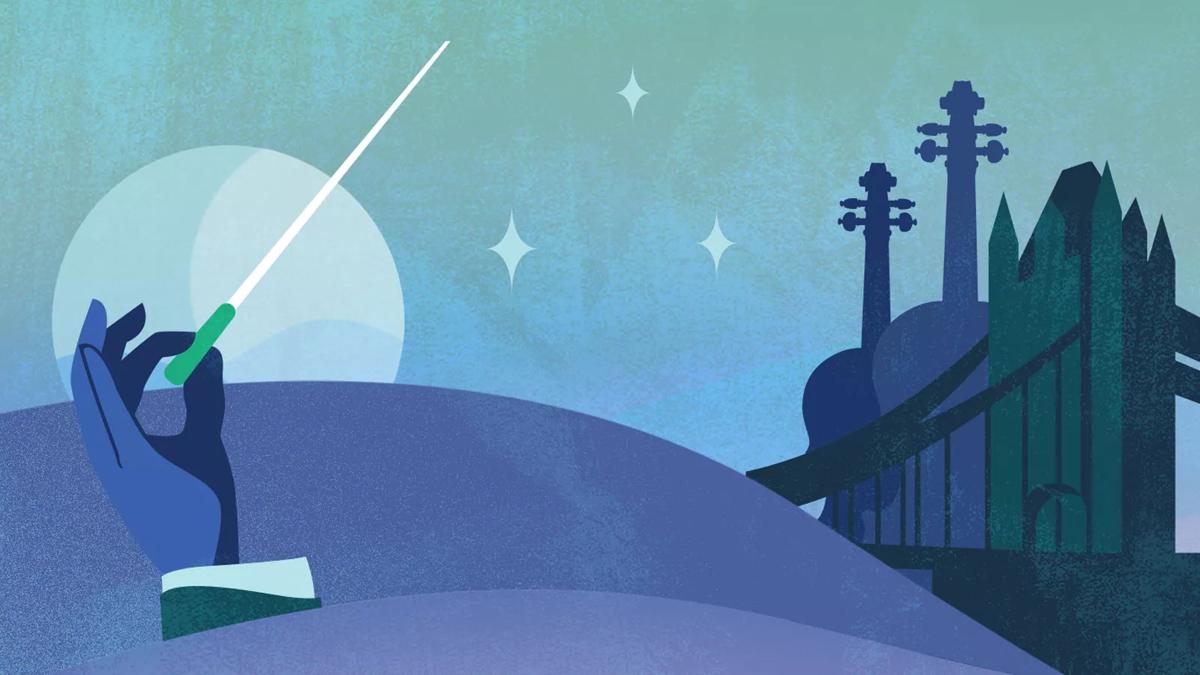 Drawing of conductor's hand holding baton against stars and moon, all blue. Image to promote RPO's concert April 22.