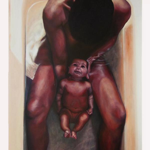 Painting of a Black women and her baby in the bath.