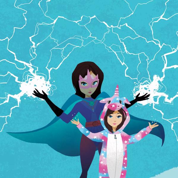 Illustration of superhero and a little girl in a unicorn onesie