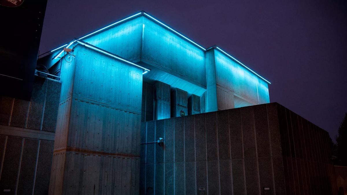 David Batchelor's Sixty Minute Spectrum Redux installation illuminates the Southbank Centre at night