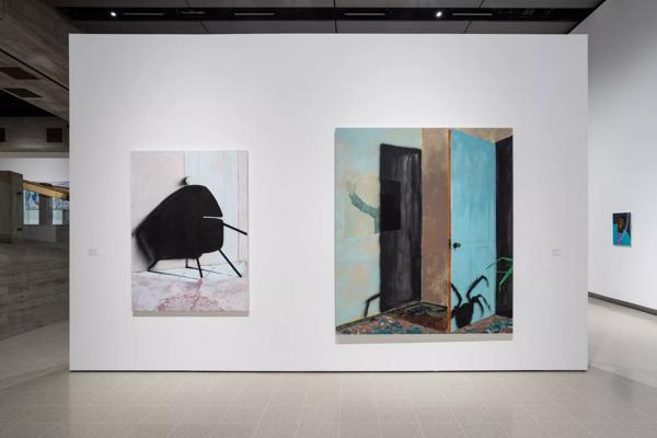 Installation view of Mixing It Up: Painting Today at Hayward Gallery, 2021 featuring the works Family Issues II and Infection II by Mohammed Sami