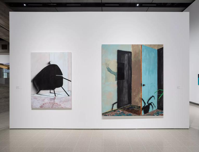 Installation view of Mixing It Up: Painting Today at Hayward Gallery, 2021 featuring the works Family Issues II and Infection II by Mohammed Sami