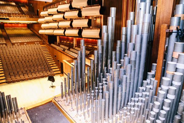 A close up of some of the pipes of the Royal Festival Hall organ, looking from behind the instrument. Betond the pipes the stage and lower stall seats of the Royal Festival Hall auditorium can be seen, as too can some of the boxes.