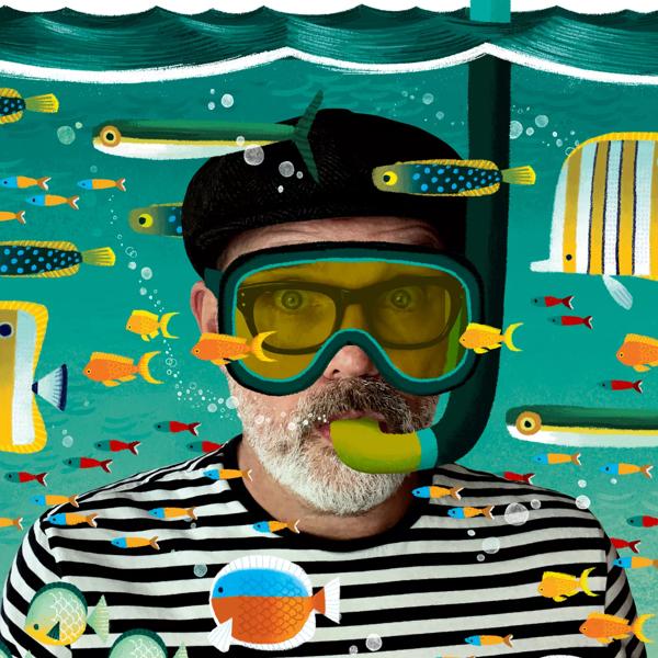 Image of Rob Biddulph with a cartoon snorkel illustrated on top of his face and colourful fish and a sea background also illustrated on top