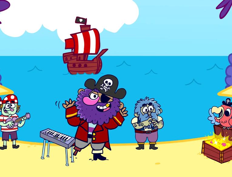 Cartoon illustration of pirates on a beach playing musical instruments with their ship sailing in the sea behind them.