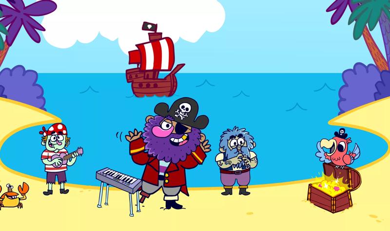 Cartoon illustration of pirates on a beach playing musical instruments with their ship sailing in the sea behind them.