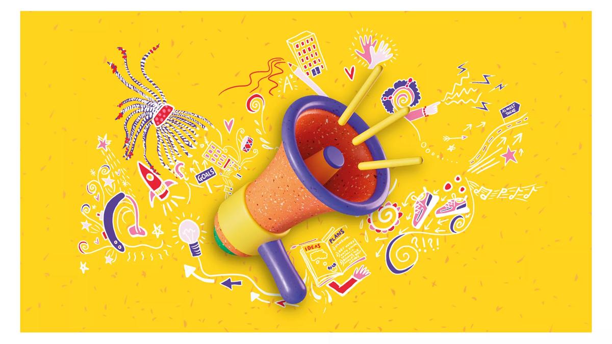 Yellow background with a megaphone and illustrations around the outside. 