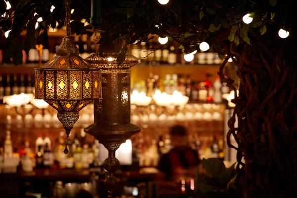 Restaurant interior details including decorative metal lamps and vines
