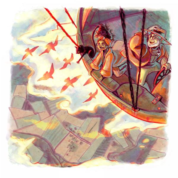 Illustration of a young girl, older man and a cat flying above the earth in a hot air balloon basket.
