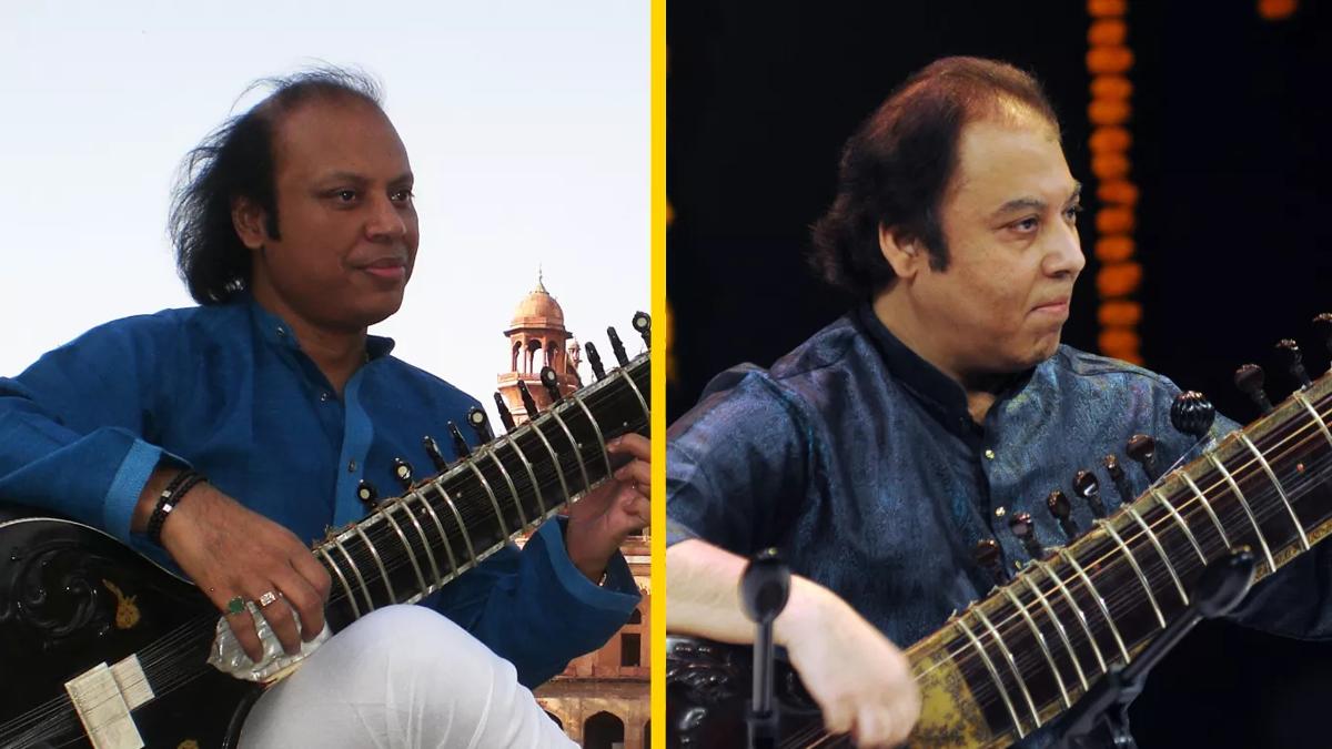 A composite image of Irshad Khan and Nishat Khan, both are wearing blue shirts and playing the sitar